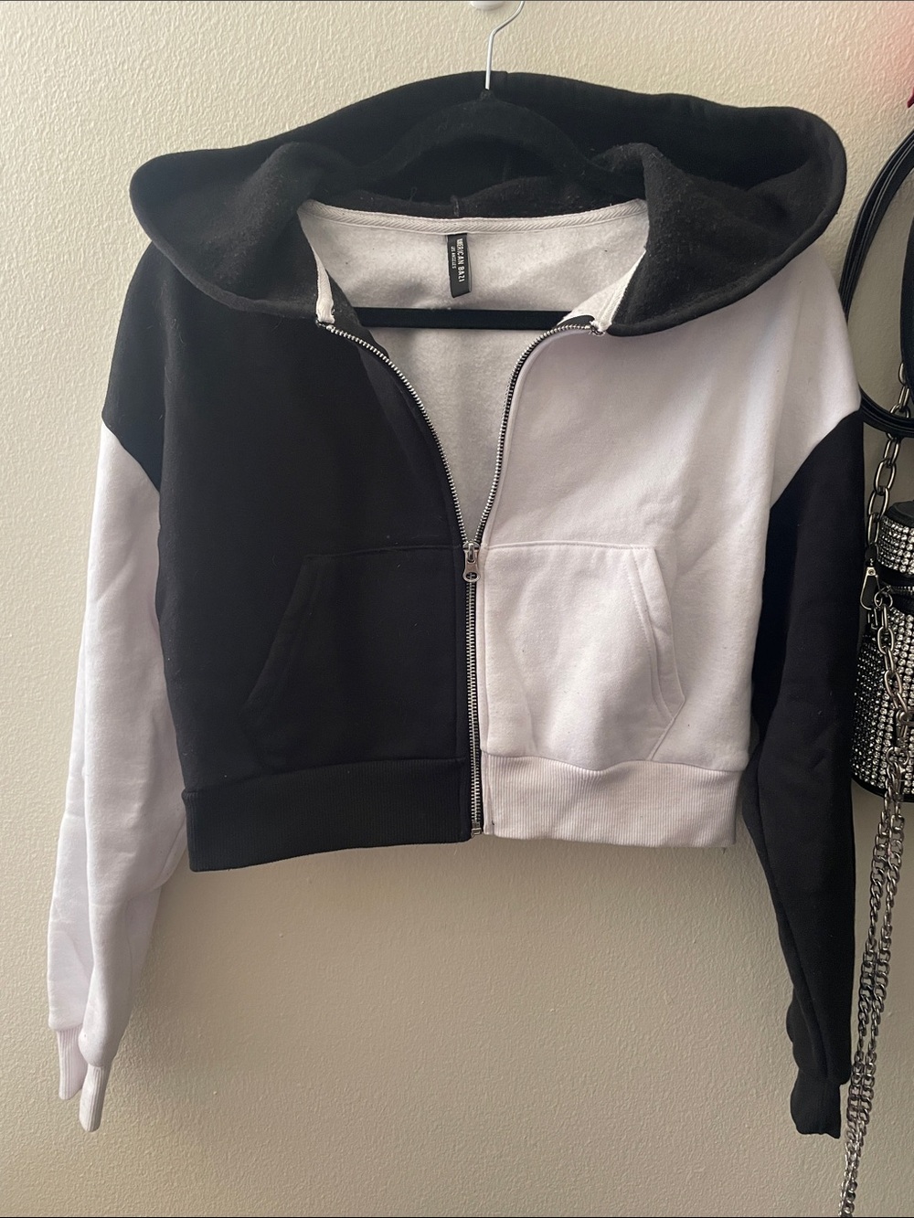Fashion Nova Black & White Cropped Colorblock Bomber Hoodie